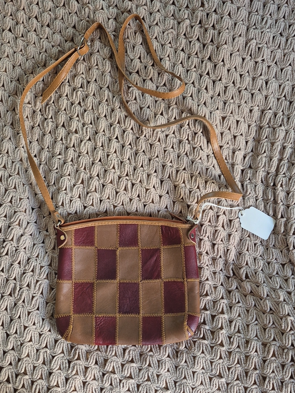 Patchwork Leather Crossbody Bag in Burgundy and Tan